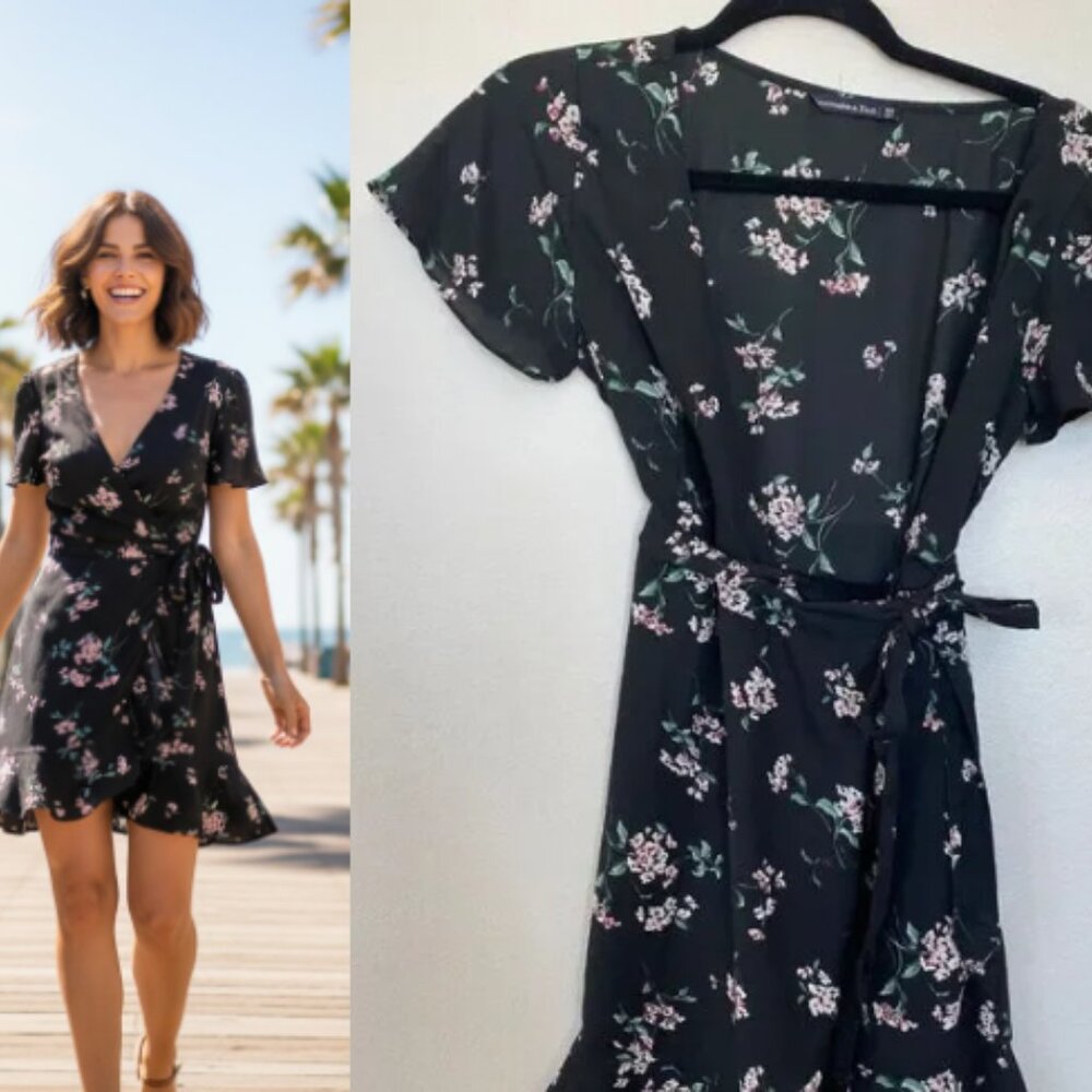 Abercrombie and Fitch Y2K 90s Style Black Floral Short-Sleeve Wrap Dress Size XS - Picture 2 of 7